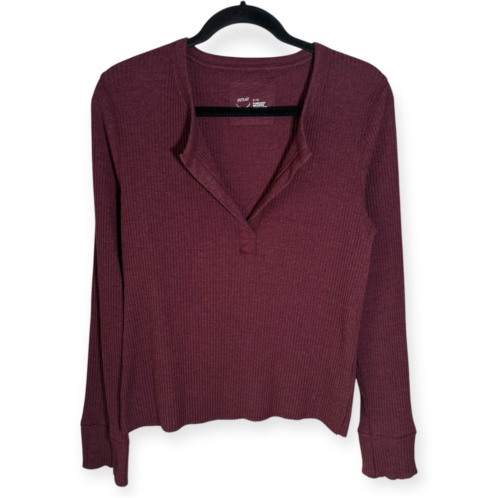 Aerie Fireside Long Sleeve Henley T Shirt Size XL Burgundy Bella Swan